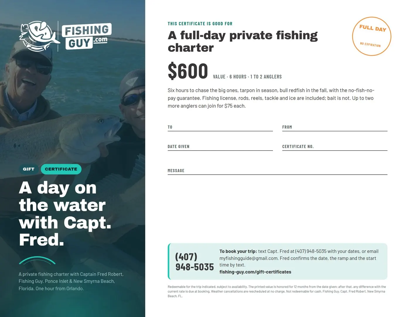 Full-day charter gift certificate preview
