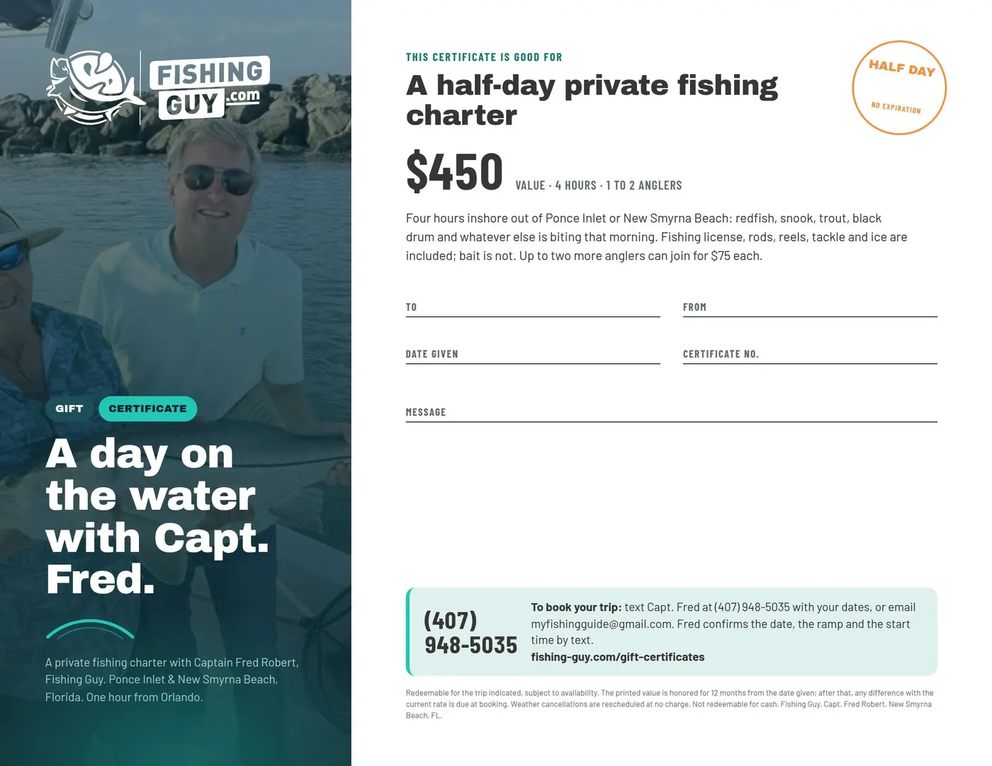 Half-day charter gift certificate preview