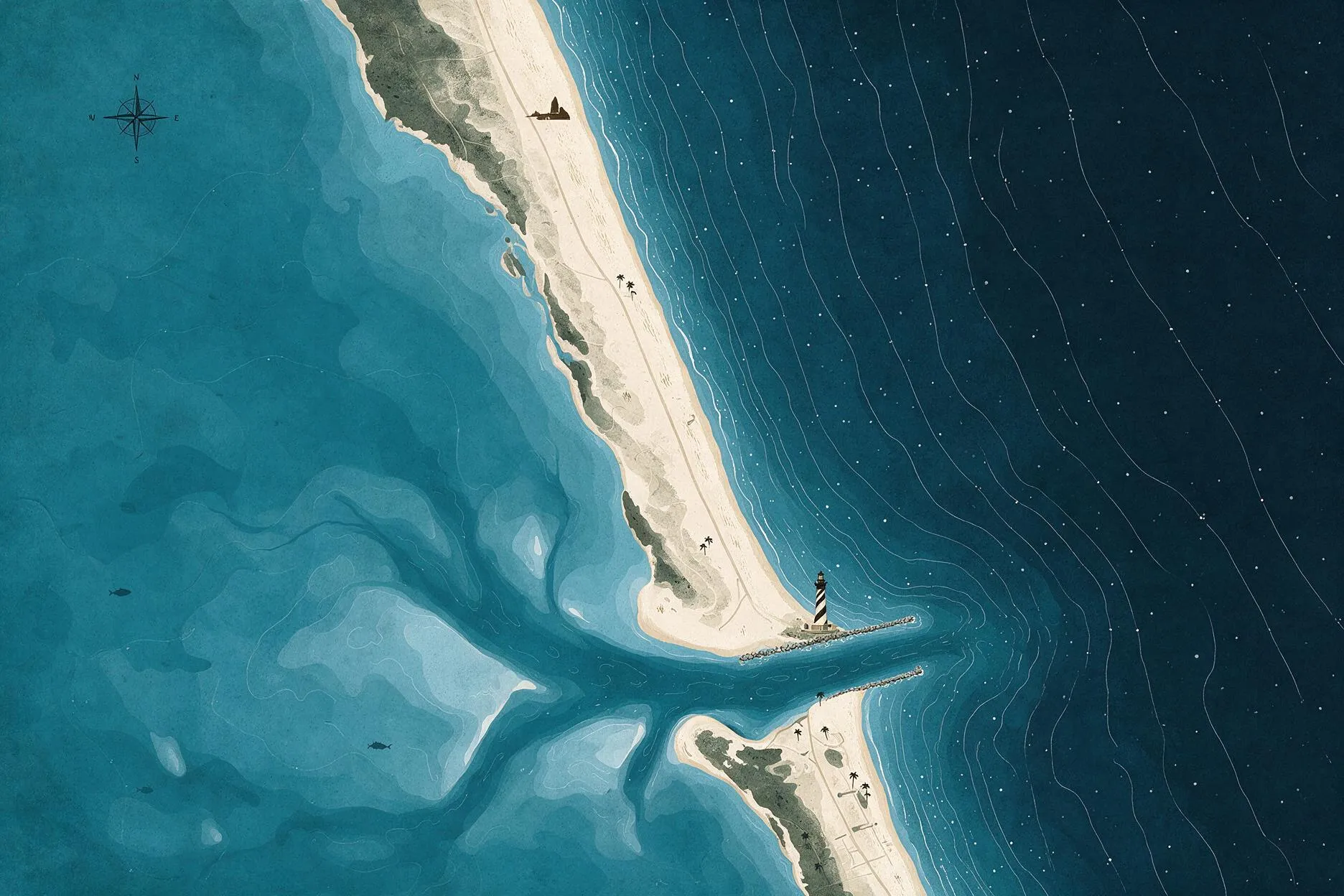 Illustrated chart of the coast: Daytona Beach to the north, Ponce Inlet and its lighthouse, New Smyrna Beach and Mosquito Lagoon to the south